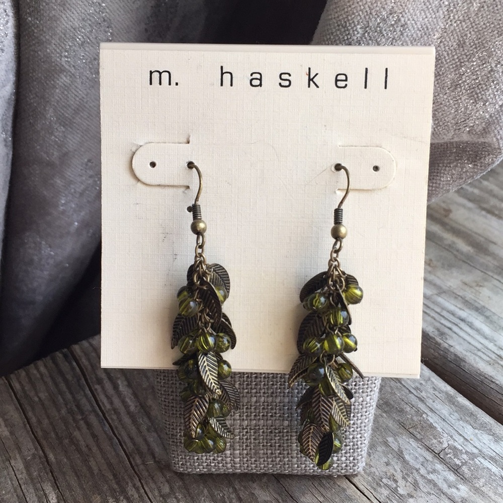 M Haskell earrings NWT green beads leaves